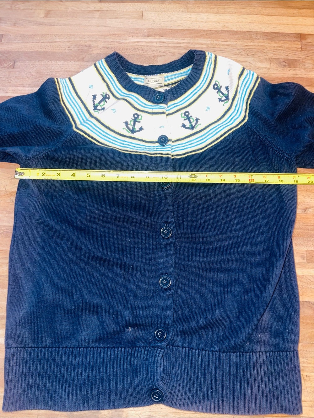 L.L. Bean Vintage Navy Cream & Yellow Knit Cardigan with Anchor | Coastal | L - Picture 4 of 9